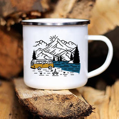 Camping Coffee Mug 12oz. Metal Enamel Caravan Printed Camper - About Camping