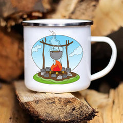 Camping Coffee Mug 12oz. Metal Enamel Caravan Printed Camper - About Camping