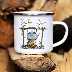 Camping Coffee Mug 12oz. Metal Enamel Caravan Printed Camper - About Camping