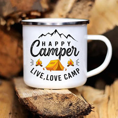 Camping Coffee Mug 12oz. Metal Enamel Caravan Printed Camper - About Camping