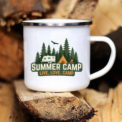 Camping Coffee Mug 12oz. Metal Enamel Caravan Printed Camper - About Camping