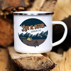 Camping Coffee Mug 12oz. Metal Enamel Caravan Printed Camper - About Camping