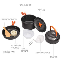 Camping Cookware Set Aluminum Portable Outdoor Tableware Cookset Cooking Kit Pan Bowl Kettle Pot Hiking BBQ Picnic - About Camping