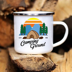 Camping Coffee Mug 12oz. Metal Enamel Caravan Printed Camper - About Camping