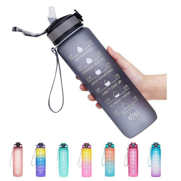 1L Water Bottle Motivational With Time Markings Leak Proof, BPA Free - Sport Gym
