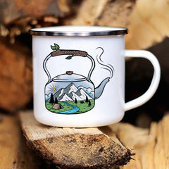 Camping Coffee Mug 12oz. Metal Enamel Caravan Printed Camper - About Camping