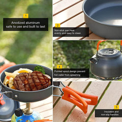 Camping Cookware Set Aluminum Portable Outdoor Tableware Cookset Cooking Kit Pan Bowl Kettle Pot Hiking BBQ Picnic - About Camping