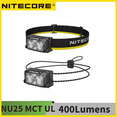Nitecore headlamp with strap and additional light on a yellow background