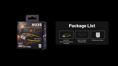Nitecore NU25 flashlight packaging with included items on a black background