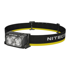 Nitecore headlamp with black and yellow strap on a white background
