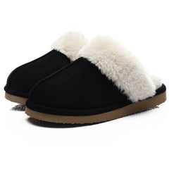 UGG Fuzzy Slippers Women's Men's Premium Sheepskin Scuffs_Black color