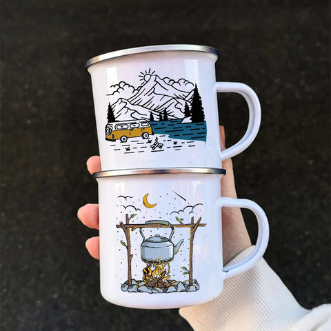 Camping Coffee Mug 12oz. Metal Enamel Caravan Printed Camper - About Camping