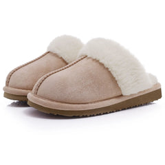 UGG Fuzzy Slippers Women's Men's Premium Sheepskin Scuffs_Beige color