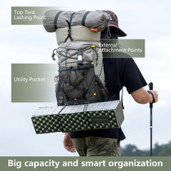 Person carrying a large backpack with labeled features on a blurred background