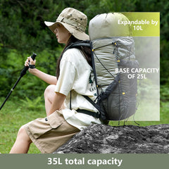 Person with a large backpack sitting on a rock outdoors, with text about backpack capacity.