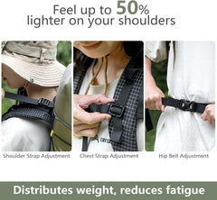 Adjustable backpack straps with text highlighting weight reduction and comfort.